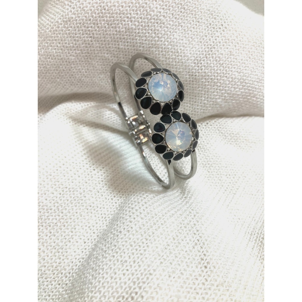Talbots Clamper Bangle Bracelet Artsy Silver Tone Black Enamel Opalescent Stones